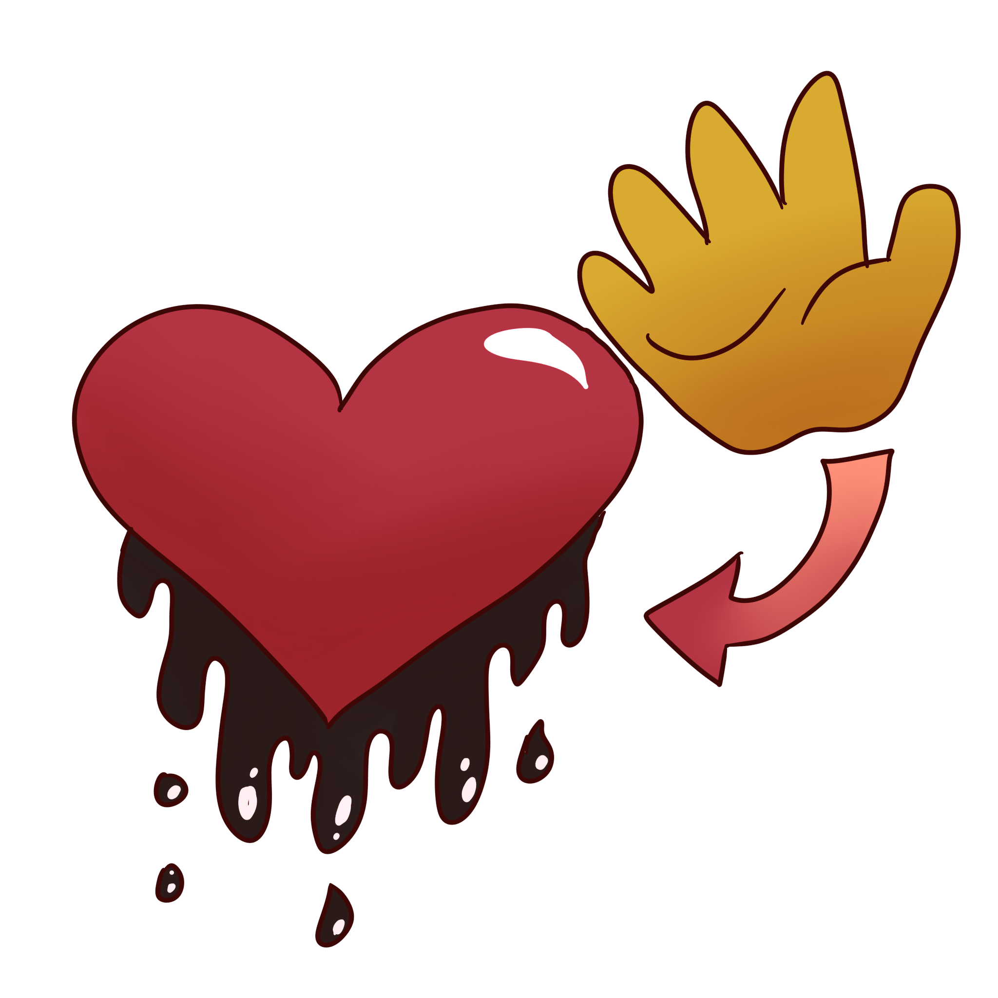 a hand pointing to a red heart with black goop dripping off it